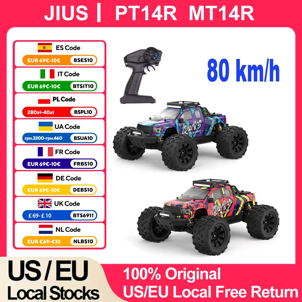JIUSI PT14R MT14R 1/14 4WD RC Car 80Km/H Brushless 2.4G Remote Control Racing Car High Speed Off-Road RC Truck 3S 35C 2200Mah