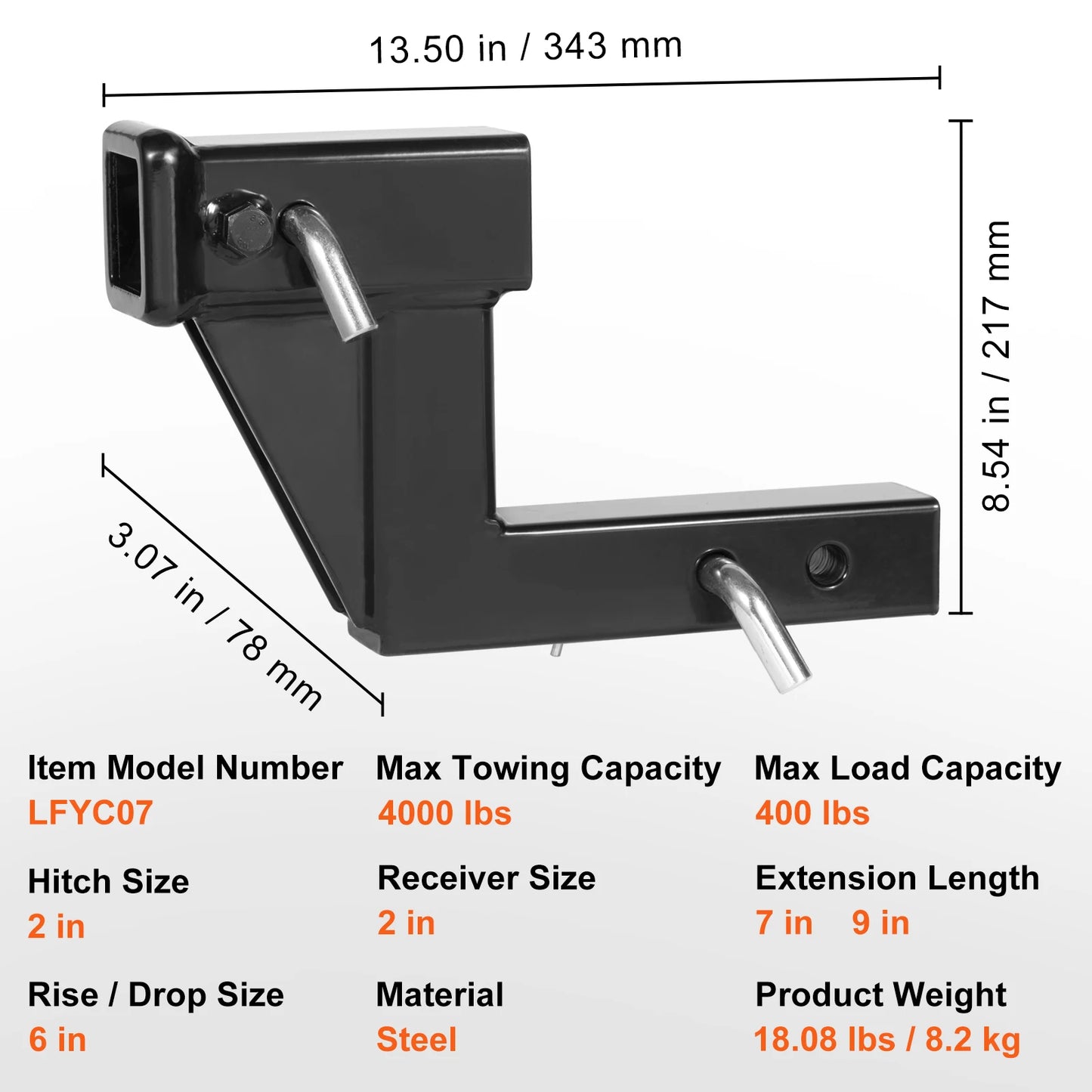 VEVOR Trailer Hitch Riser for 2" Receiver Extender Extension Adapter 4000 Lbs Max Towing Capacity Hitch Pins Included Black