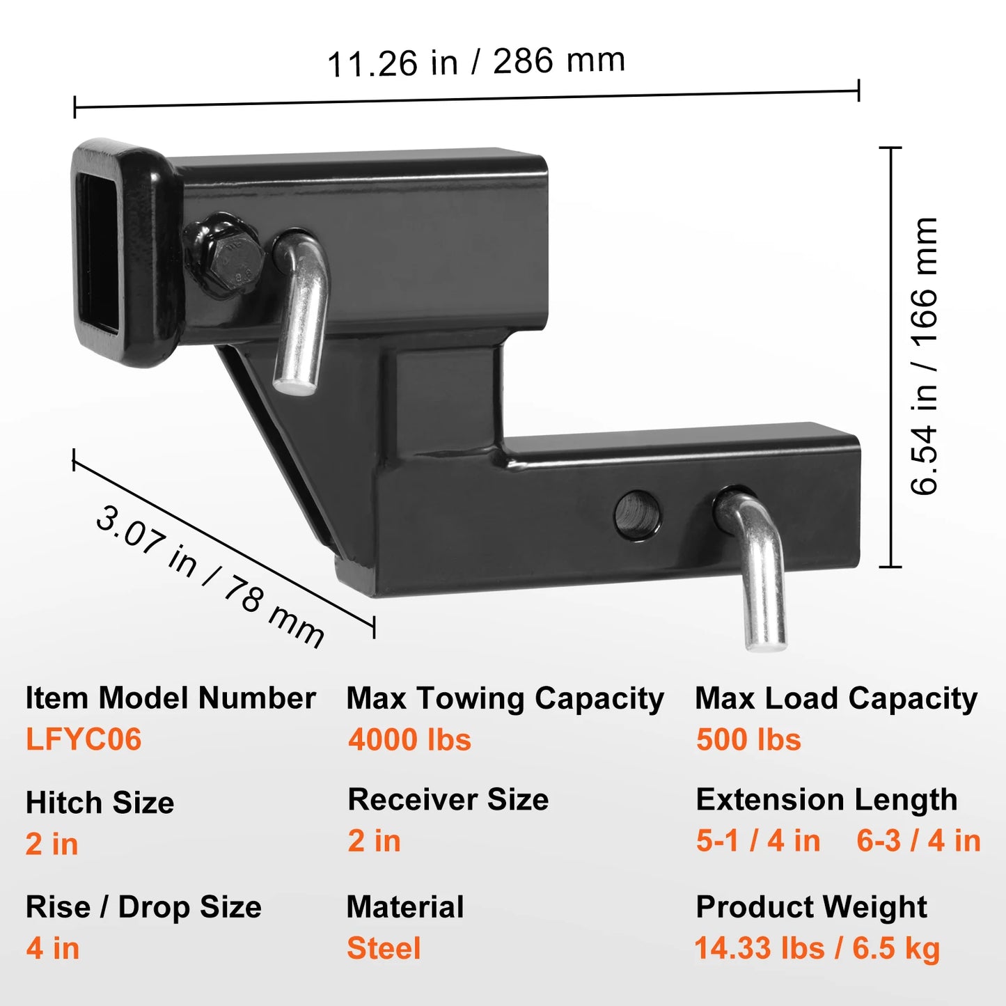 VEVOR Trailer Hitch Riser for 2" Receiver Extender Extension Adapter 4000 Lbs Max Towing Capacity Hitch Pins Included Black
