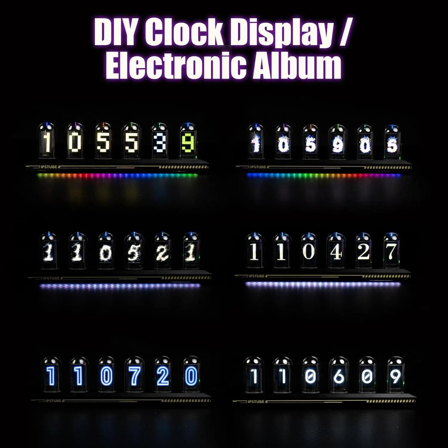 Night Light DIY Nixie Tube Clock Kit Simulation, Digital Clock APP Time Calibration, 3 Light Mode, 12/24H Display IPS