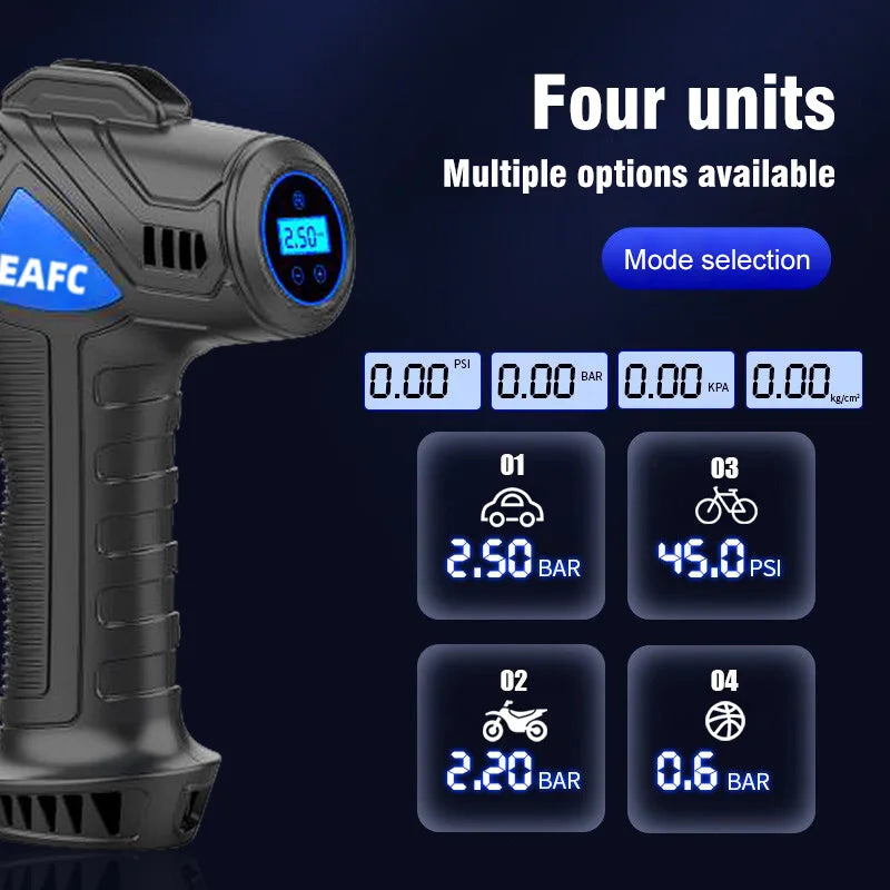 Rechargeable Air Compressor Wireless Pure Cooper Motor Inflatable Air Compressor Pump with Pressure Gauge Emergency LED Lights