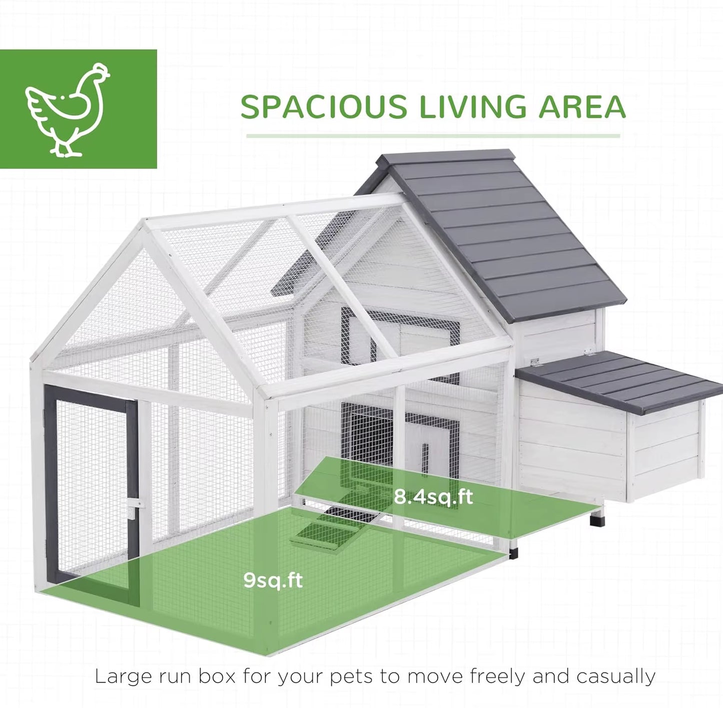 65" Chicken Coop Wooden with Detachable Run, Outdoor Chicken House Poultry Cage Hen with Nesting Box, Removable Tray,