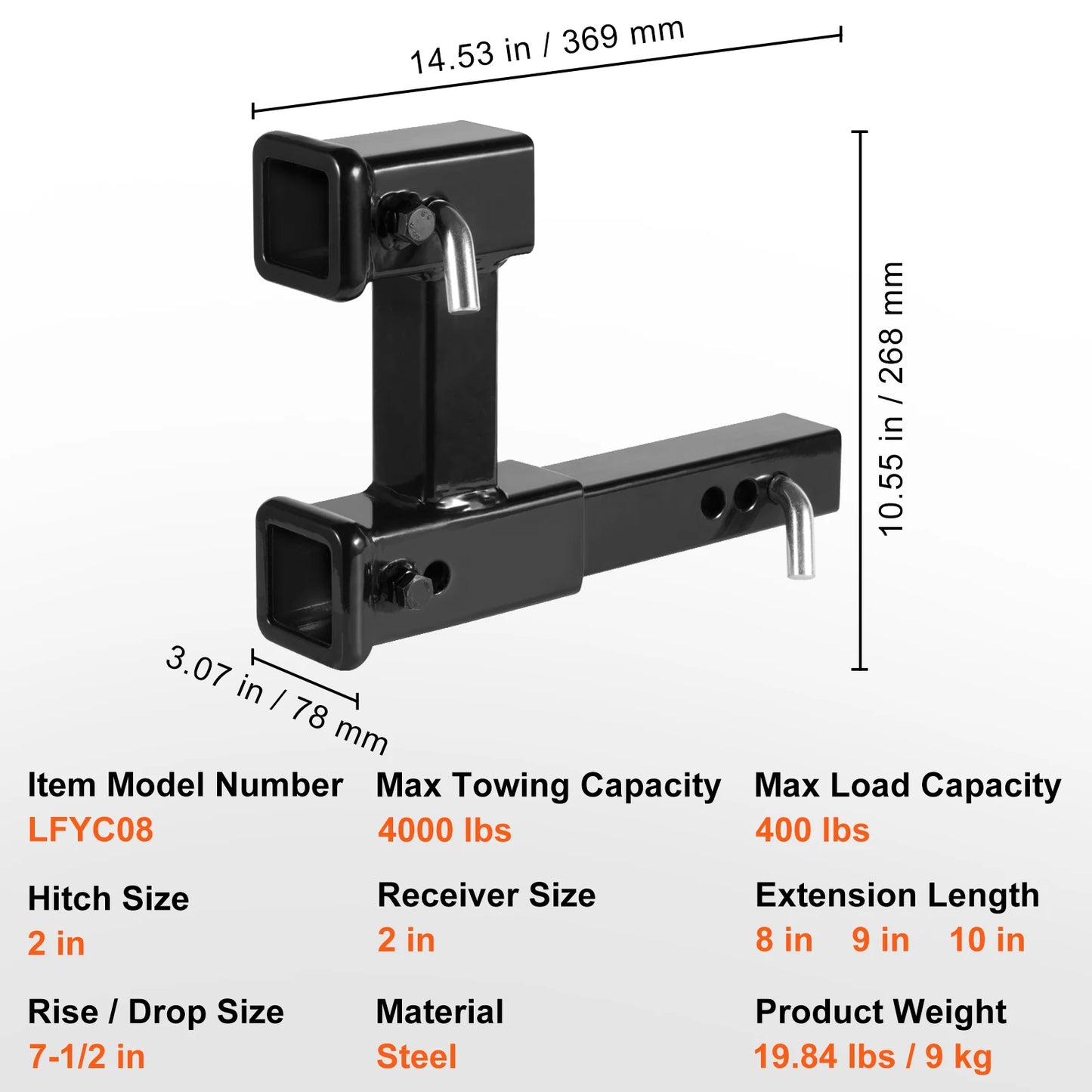 VEVOR Trailer Hitch Riser for 2" Receiver Extender Extension Adapter 4000 Lbs Max Towing Capacity Hitch Pins Included Black