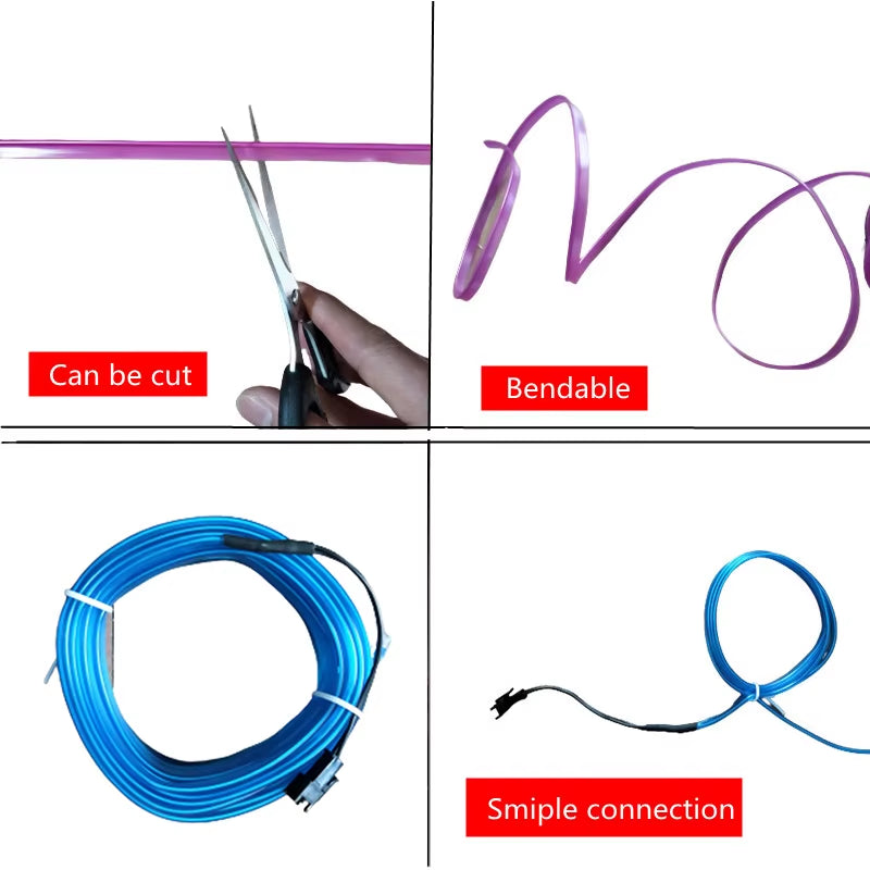 1M/3M/5M Car Interior Led Decorative Lamp EL Wiring Neon Strip for Auto DIY Flexible Ambient Light USB Party Atmosphere Diode