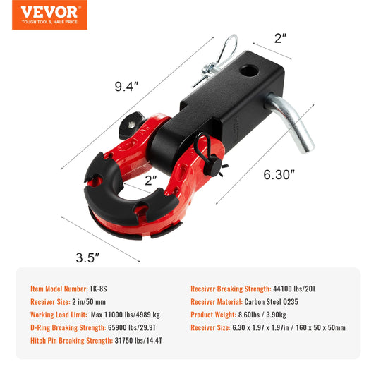 2" Shackle Hitch Receiver Double Hole Recovery Shackle Block Powder Coat Hitch Pin D-Ring for SUV Trucks Jeeps Off-Road