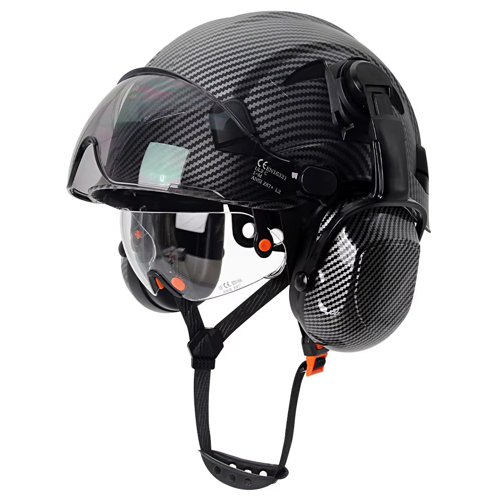 Carbon Fiber Safety Helmet W/ Visor Built-In Goggles Carbon Fiber Earmuff ABS Industrial Hard Hat ANSI Climb Head Protection Cap