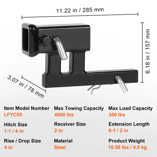 VEVOR Trailer Hitch Riser for 2" Receiver Extender Extension Adapter 4000 Lbs Max Towing Capacity Hitch Pins Included Black