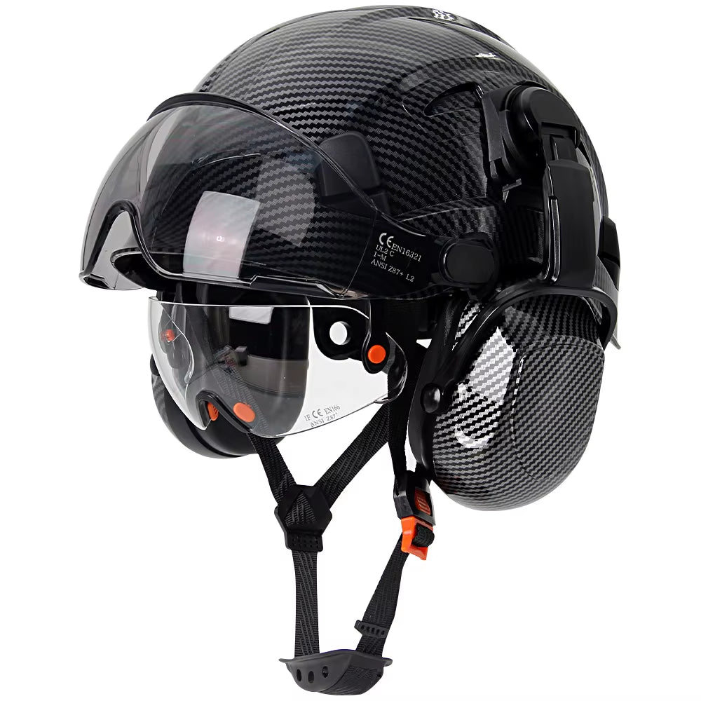 Carbon Fiber Safety Helmet W/ Visor Built-In Goggles Carbon Fiber Earmuff ABS Industrial Hard Hat ANSI Climb Head Protection Cap