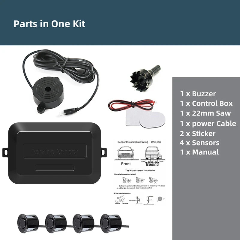 4 Sensors Buzzer 22Mm Car Parking Sensor Kit Reverse Backup Radar Sound Alert Indicator Probe System 12V Free Shipping