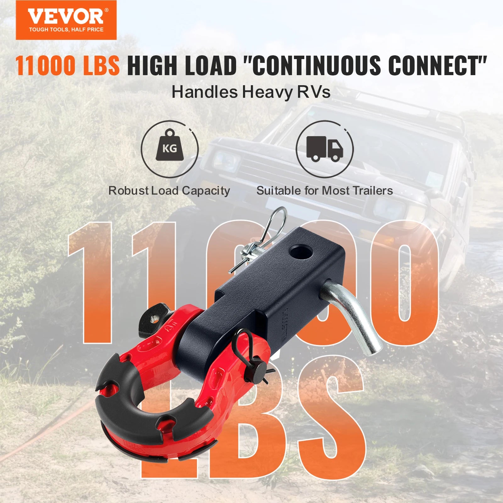 2" Shackle Hitch Receiver Double Hole Recovery Shackle Block Powder Coat Hitch Pin D-Ring for SUV Trucks Jeeps Off-Road