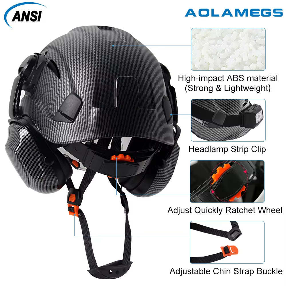 Carbon Fiber Safety Helmet W/ Visor Built-In Goggles Carbon Fiber Earmuff ABS Industrial Hard Hat ANSI Climb Head Protection Cap