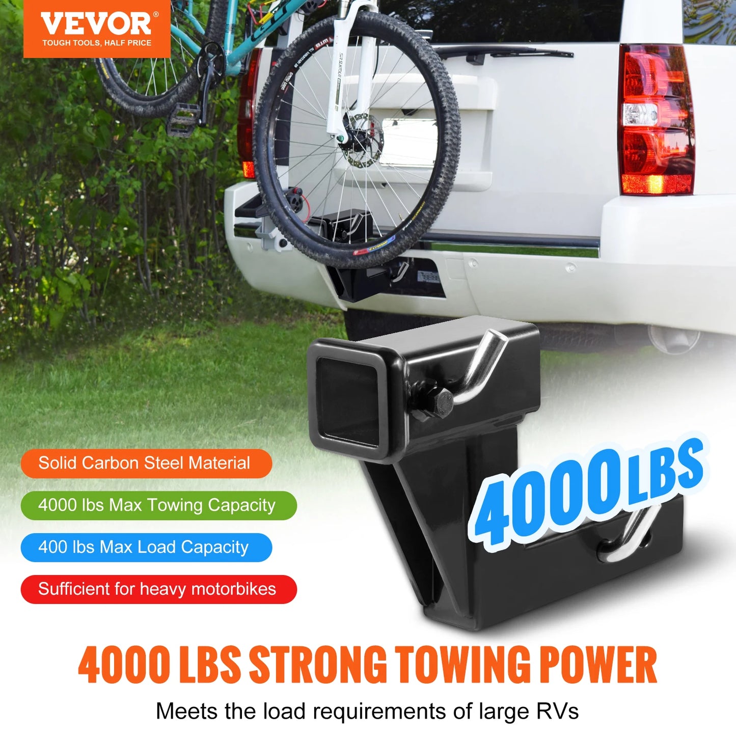 VEVOR Trailer Hitch Riser for 2" Receiver Extender Extension Adapter 4000 Lbs Max Towing Capacity Hitch Pins Included Black