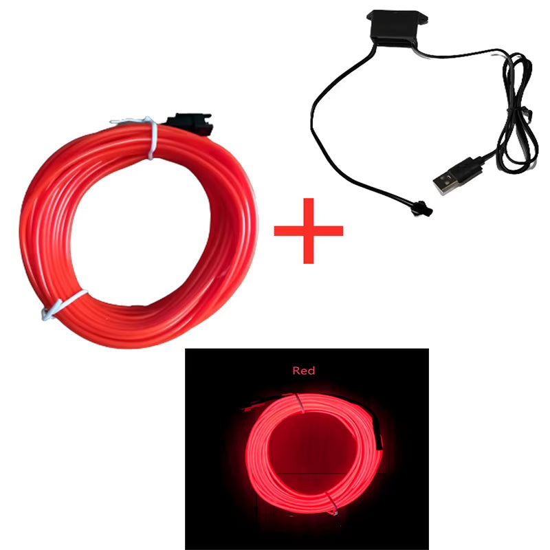 1M/3M/5M Car Interior Led Decorative Lamp EL Wiring Neon Strip for Auto DIY Flexible Ambient Light USB Party Atmosphere Diode
