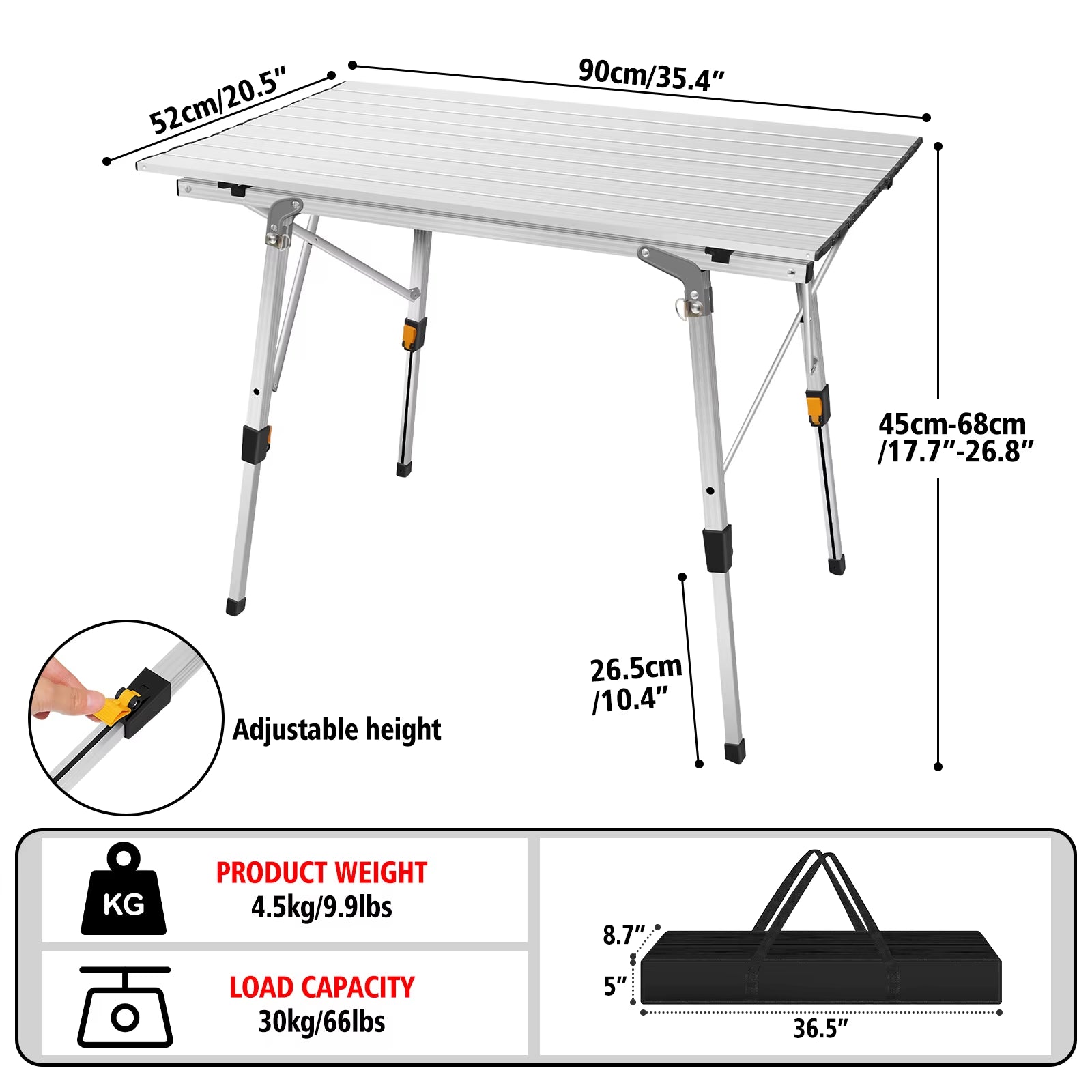 Camping Tables Rollup Picnic Table with Height Adjustable Legs, Collapsible Table Aluminium Outdoor Folding Table,90X53X45/68Cm