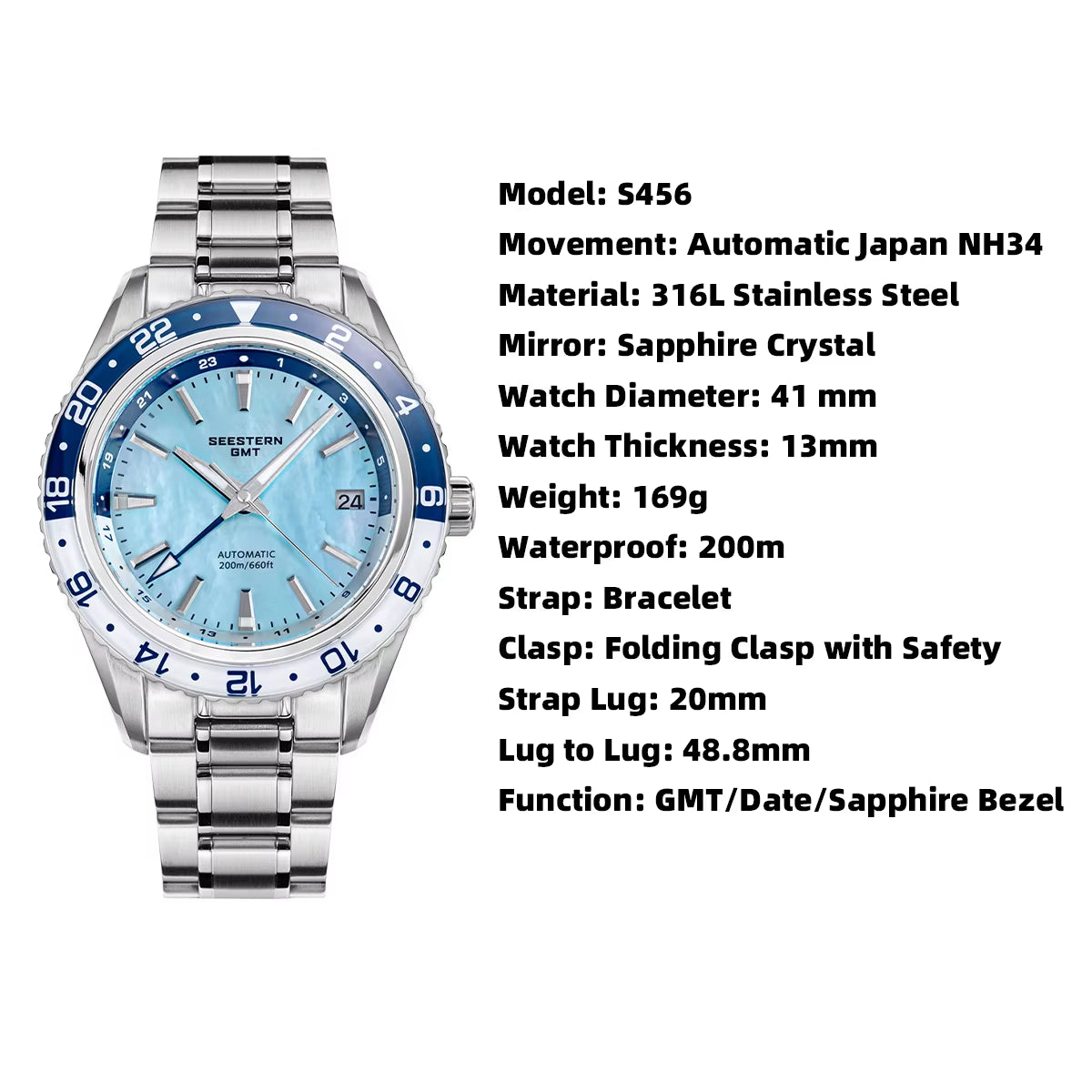 Men of Watch Office GMT Automatic NH34 Movement Sapphire Glass Bezel 20Bar Waterproof Diver Mechanical Wristwatch S456