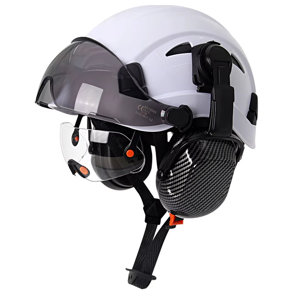 Carbon Fiber Safety Helmet W/ Visor Built-In Goggles Carbon Fiber Earmuff ABS Industrial Hard Hat ANSI Climb Head Protection Cap