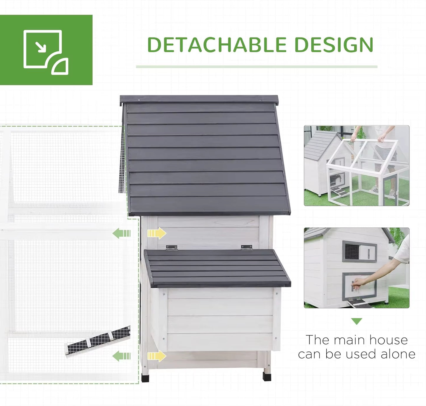 65" Chicken Coop Wooden with Detachable Run, Outdoor Chicken House Poultry Cage Hen with Nesting Box, Removable Tray,