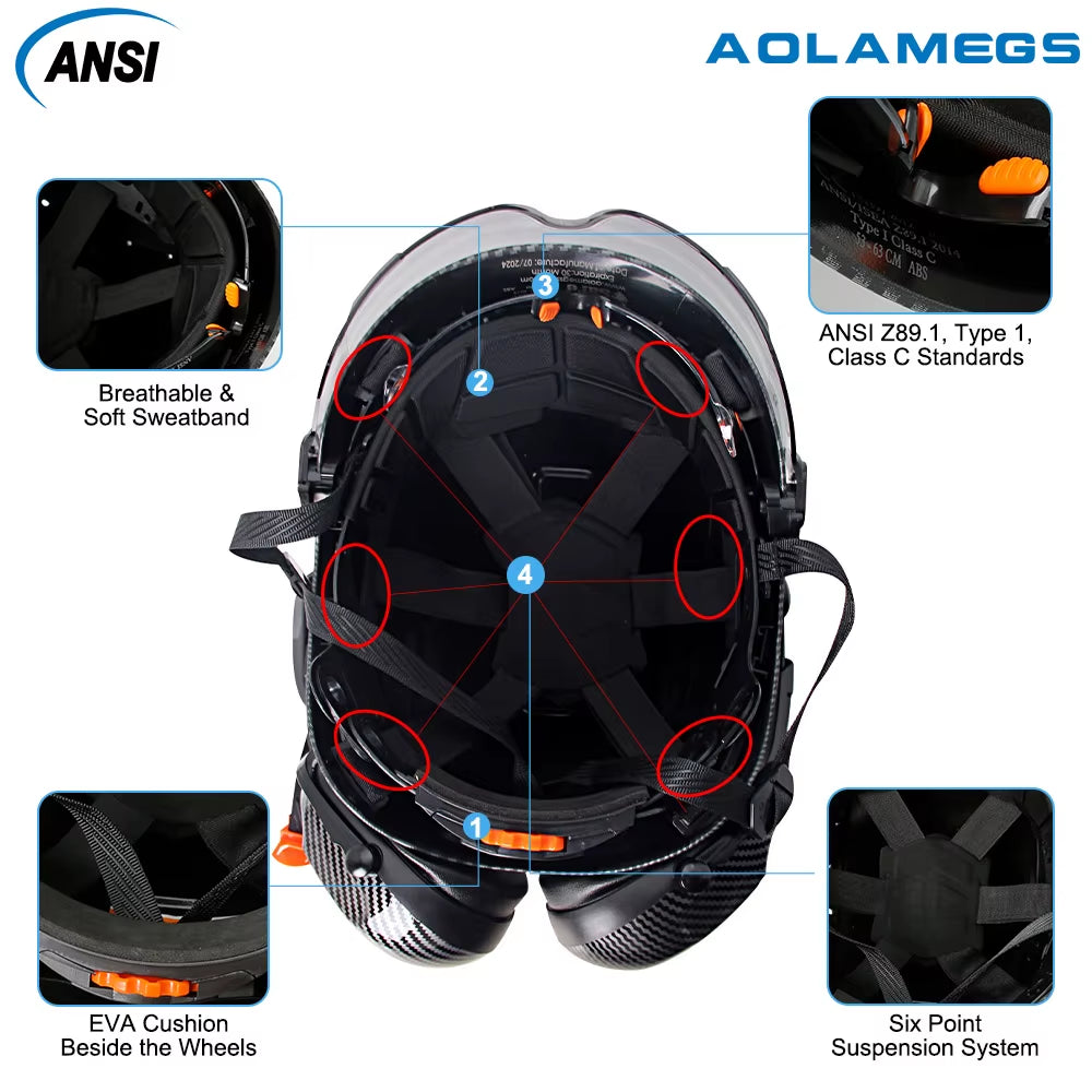 Carbon Fiber Safety Helmet W/ Visor Built-In Goggles Carbon Fiber Earmuff ABS Industrial Hard Hat ANSI Climb Head Protection Cap
