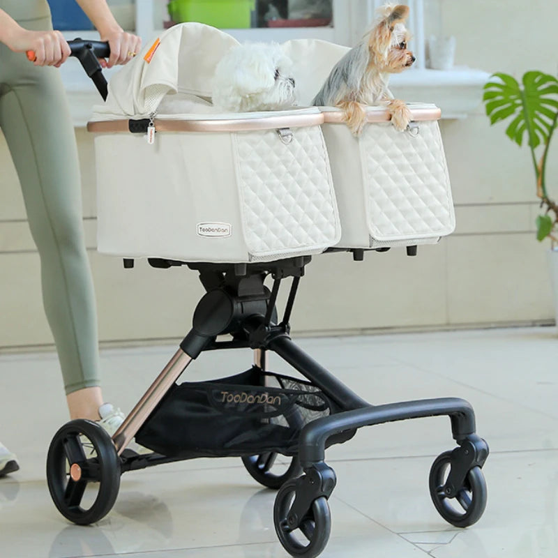 Cute Foldable Cat Stroller for 2 Cats 4 Wheels Outdoor Dual Cat Stroller Bag Detachable Dog Trolley Carrier Luxury Pet Products