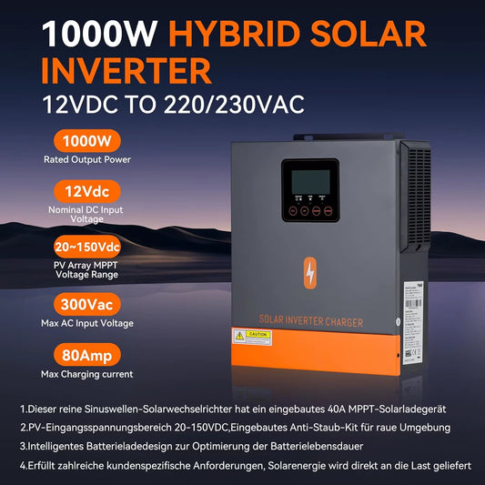 1KW 12V Hybrid Solar Inverter 1.5KW 24V off Grid Pure Sine Wave Inverter with MPPT 80A Solar Charge Controller for Battery