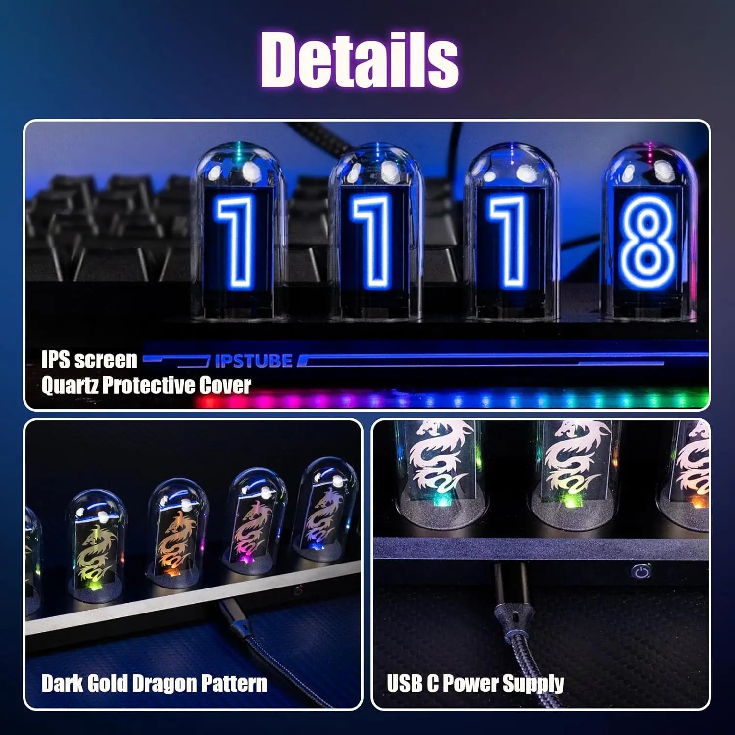 Night Light DIY Nixie Tube Clock Kit Simulation, Digital Clock APP Time Calibration, 3 Light Mode, 12/24H Display IPS