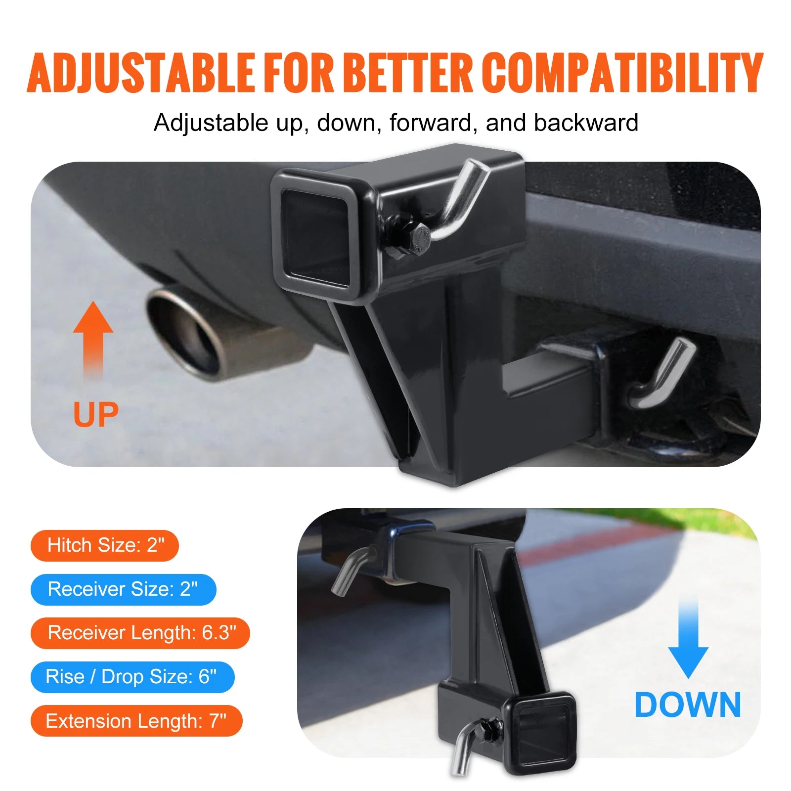 VEVOR Trailer Hitch Riser for 2" Receiver Extender Extension Adapter 4000 Lbs Max Towing Capacity Hitch Pins Included Black