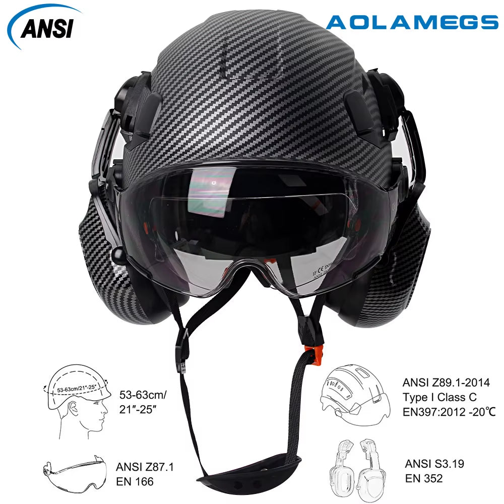 Carbon Fiber Safety Helmet W/ Visor Built-In Goggles Carbon Fiber Earmuff ABS Industrial Hard Hat ANSI Climb Head Protection Cap